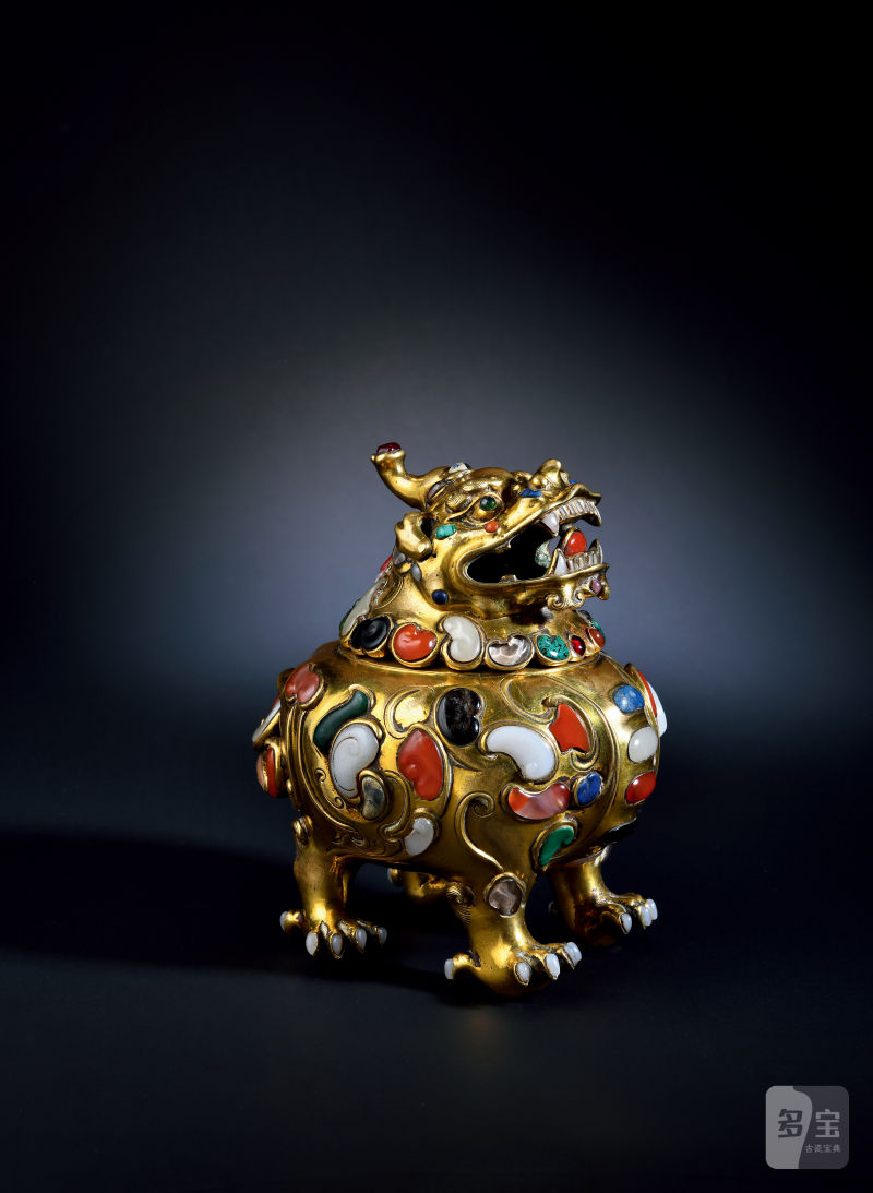 清乾隆 铜鎏金嵌百宝甪端香熏 - 图2